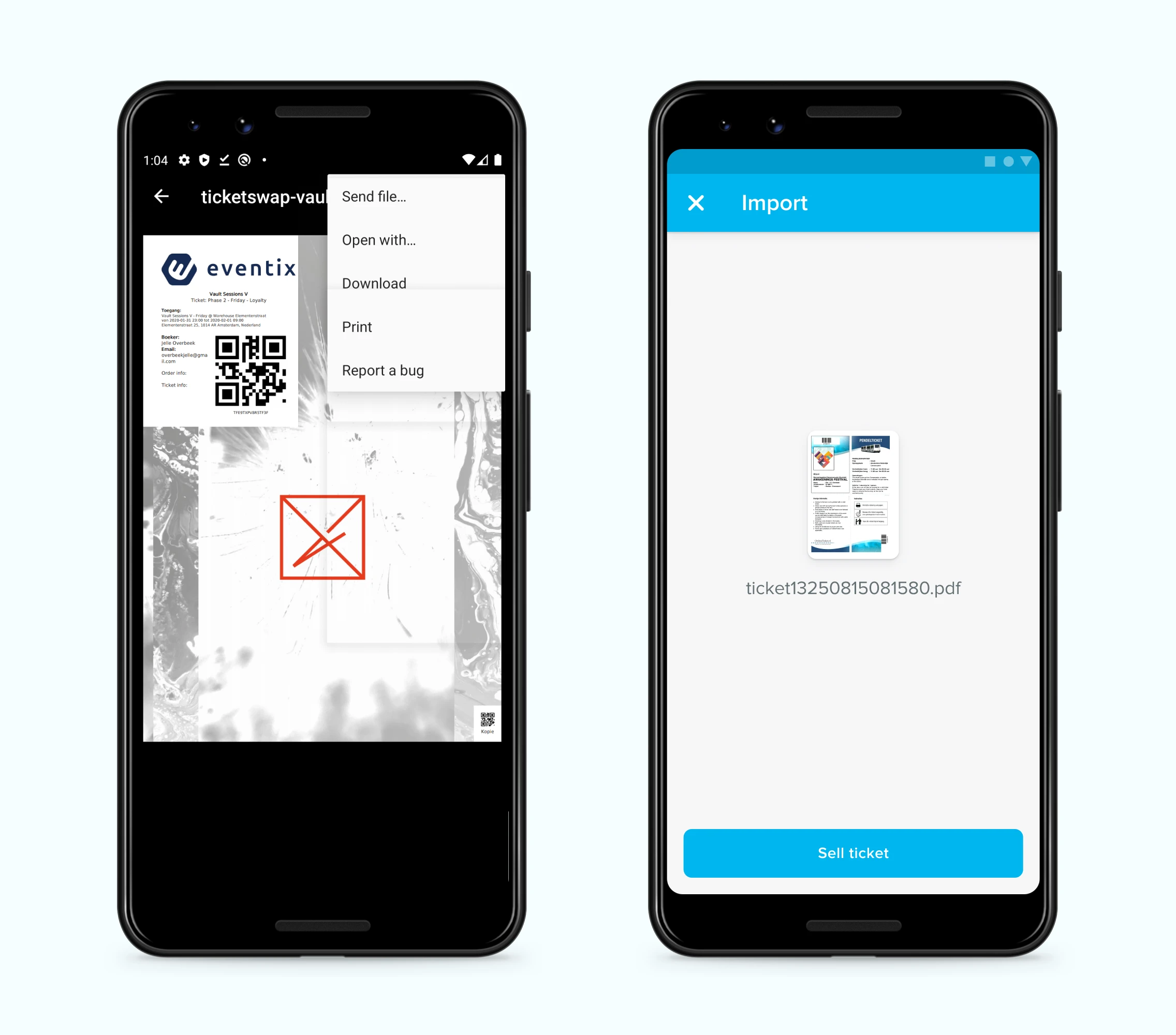 Importing a ticket to TicketSwap from the ticket provider’s website or email.